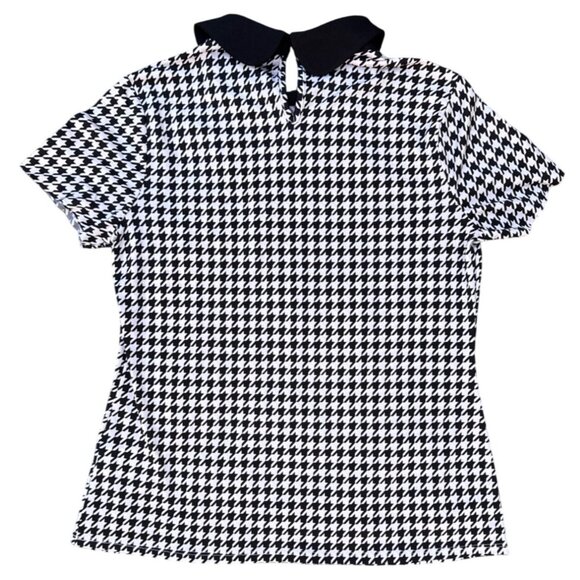 Black & White Houndstooth Collared Short Sleeve Top With Keyhole Back Closure - Picture 2 of 7